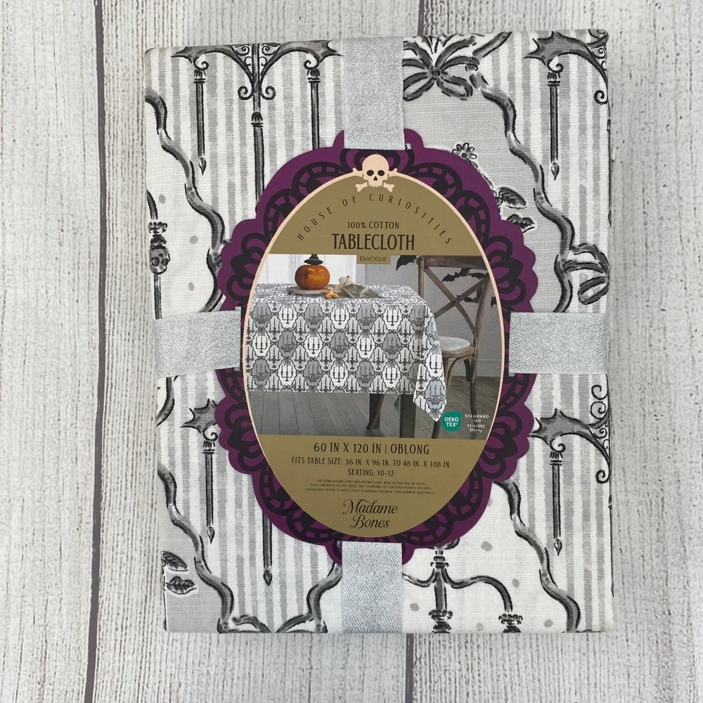 Madame Bones Tablecloth Halloween 60x120 Oblong Grey Gothic Skull Candelabra